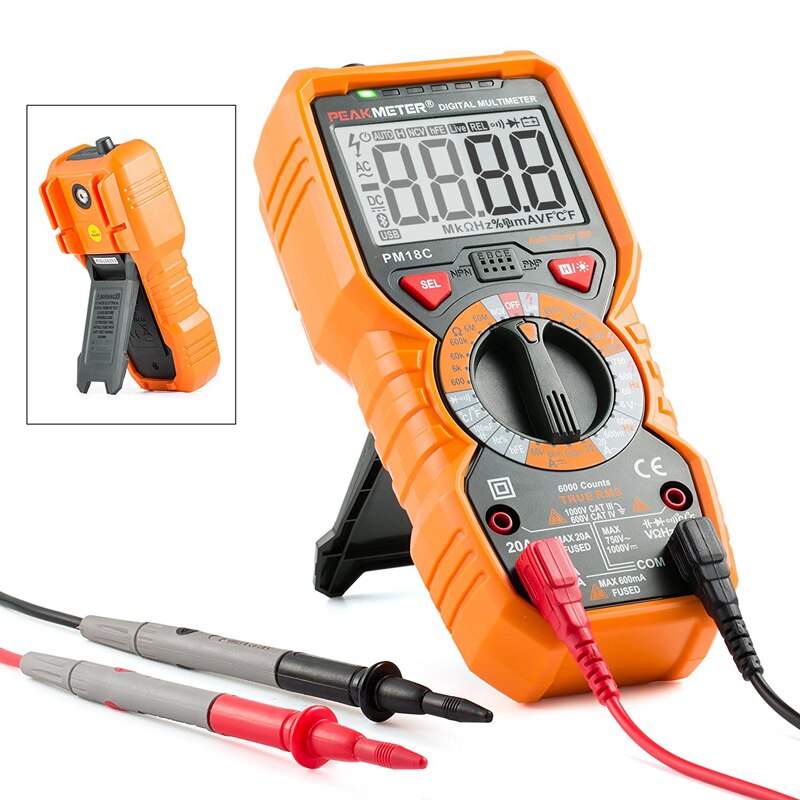 Peakmeter  pm18c trms digitalt multimeter 6000 tæller ac dc volt amp meter ohm modstand kondensator temperatur live wire freq tester