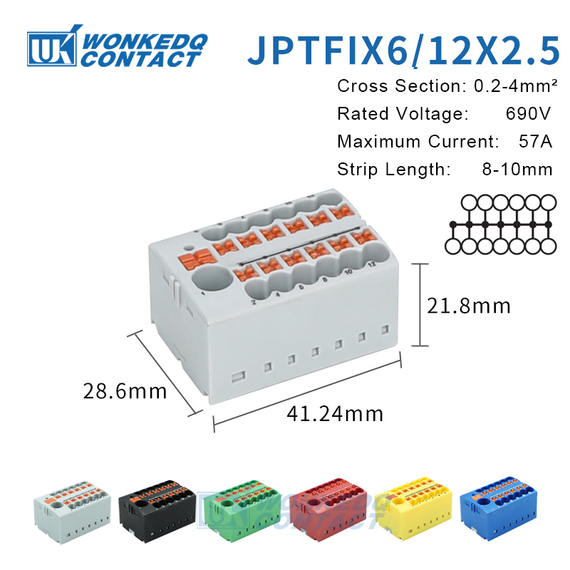 Distribution block ptfix 2,5 mm2 2/4/6/7/12/13/18/19 connection push-in electric power terminal block connector mount on din rail