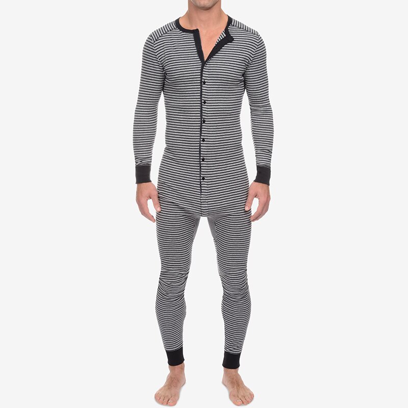 Pijama de una pieza para hombre, estampado a rayas manga larga cuello redondo botón abajo mono ropa de dormir