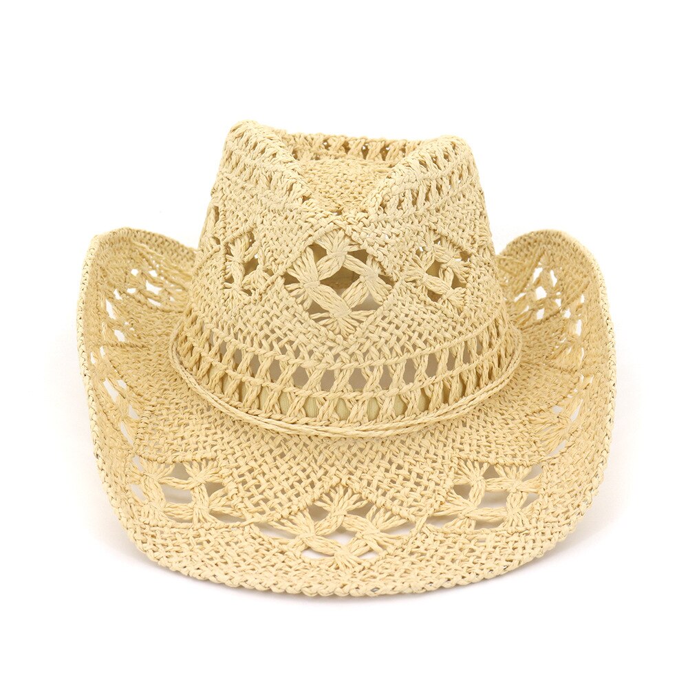 Sombrero vaquero hueco de rafia para hombres de verano con cuerda delgada de ala ancha rizada occidental gorro de protección solar Unisex sombreros
