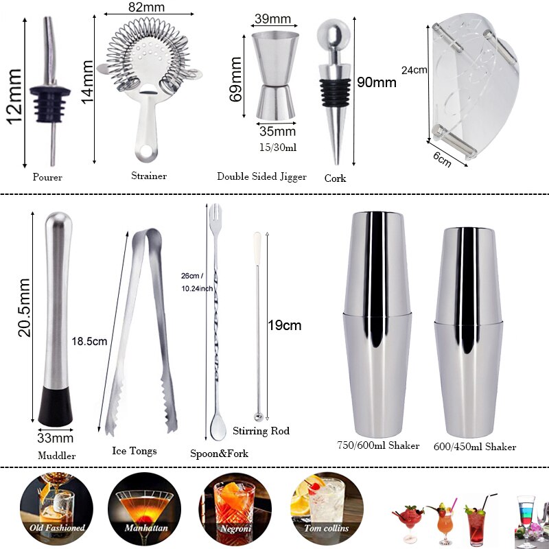 450/600/750ml Stainless Steel Cocktail Shaker Set 1-12 Pieces Barware Kit Martini Shaker with Stand + Drink Recipe