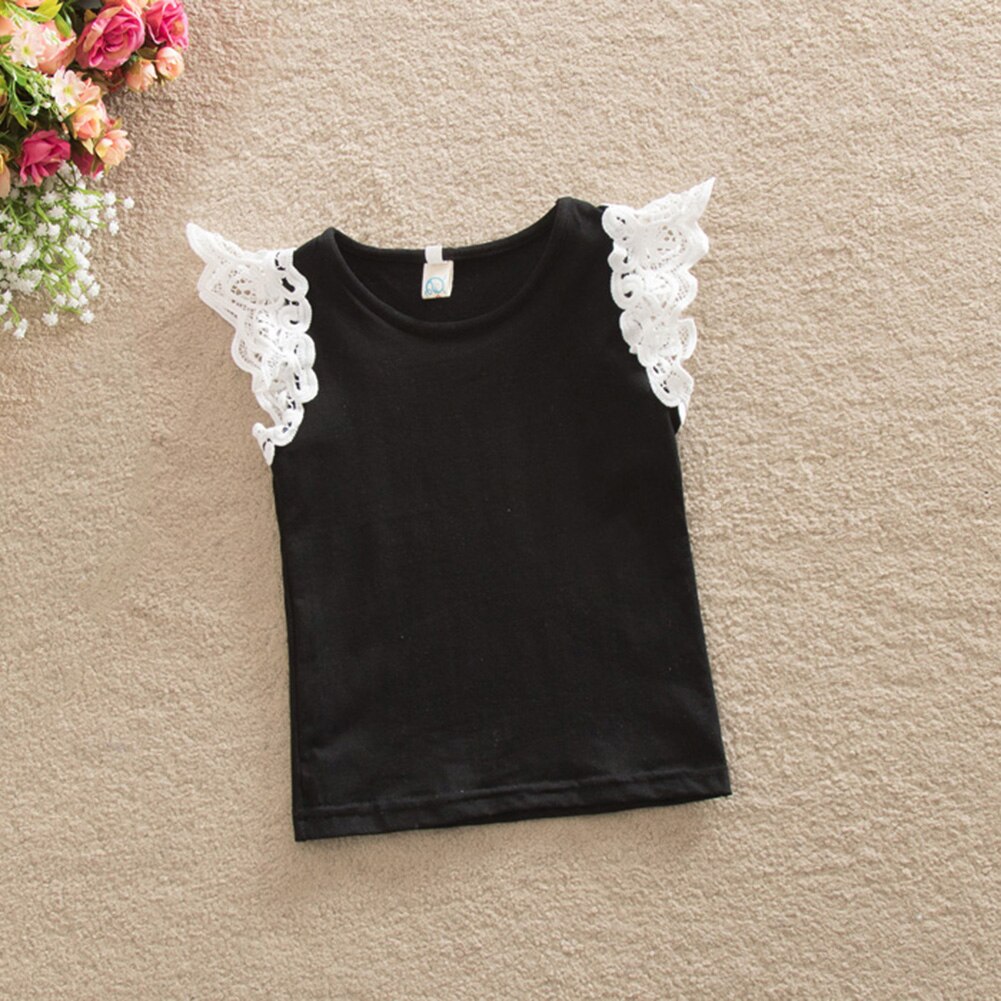 verano infantil niños algodón camiseta bebé niñas princesa sin mangas sólido cuello redondo encaje manga Tops: Black / 3M