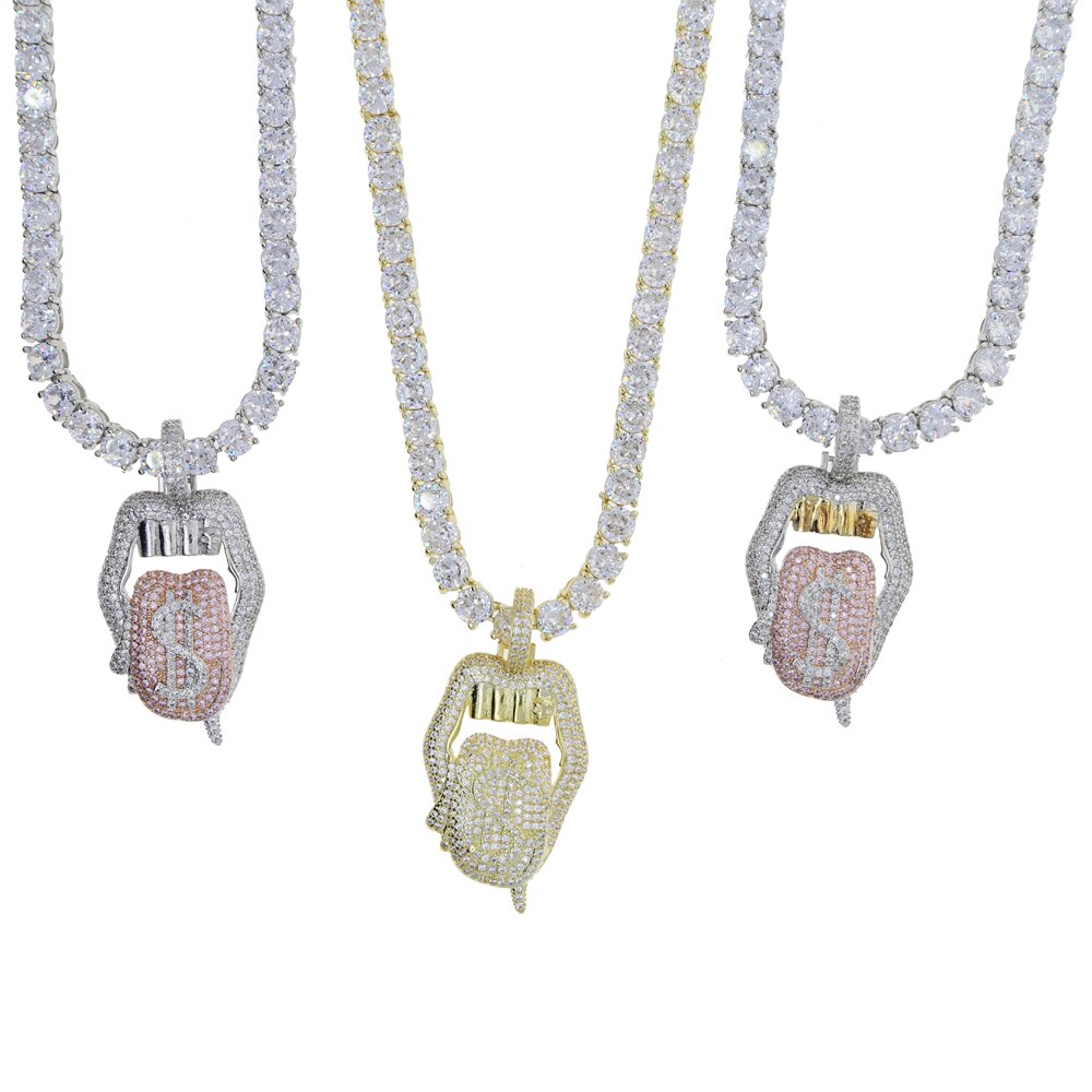 Iced out white pink mouth pendant Dollar symbol engraved hiphop bling cz pave tennis chain dripping Lip men boy necklace jewelry