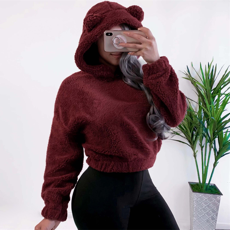 Hiver coréenne oreilles d'ours mignon sweat à capuche ample moelleux à capuche sweat à manches longues haut solide pull vêtements pour les femmes