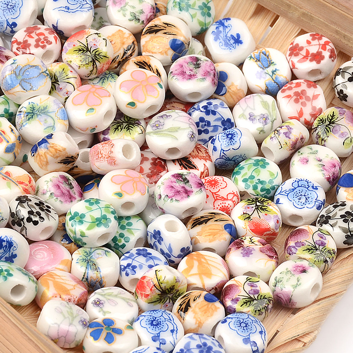 0.8cm 20 . tilfældig farveblanding blomstermønster oblate keramikperler gør-det-selv løse spacerperler porcelænsperler armbånd vedhæng