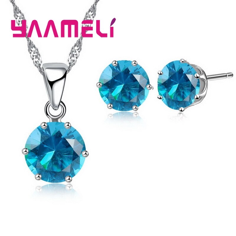 925 Sterling Zilveren Bruids Bruiloft Sieraden Sets Voor Vrouwen Engagement Crystal Hanger Ketting Oorbellen Set: lake blue