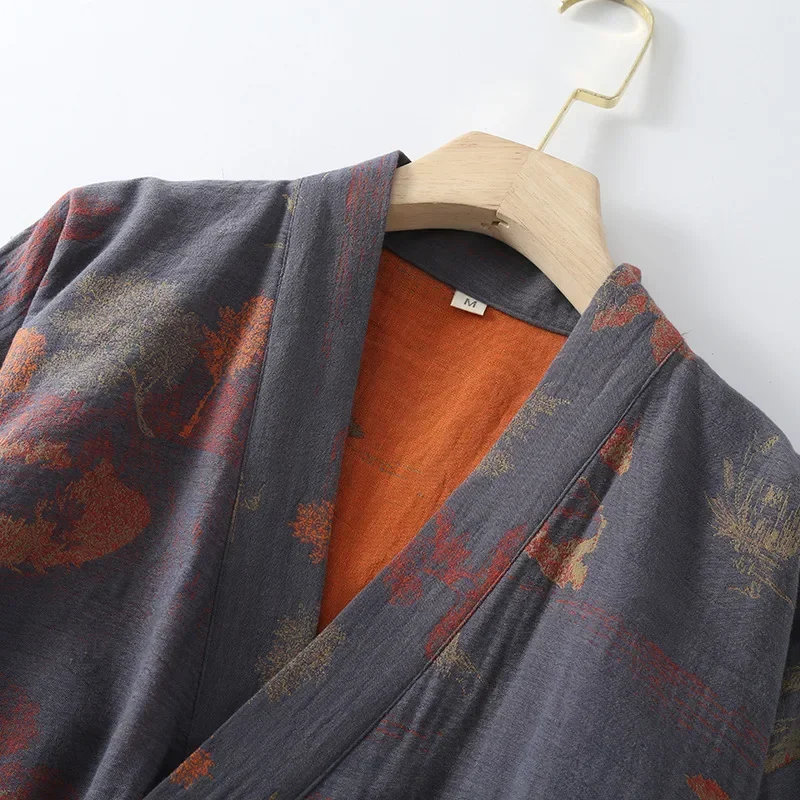 Ropa de baño para hombre, pijamas tipo kimono de algodón, batas para primavera, ropa de casa con estampado Jacquard, albornoz transpirable de gran tamaño de longitud media