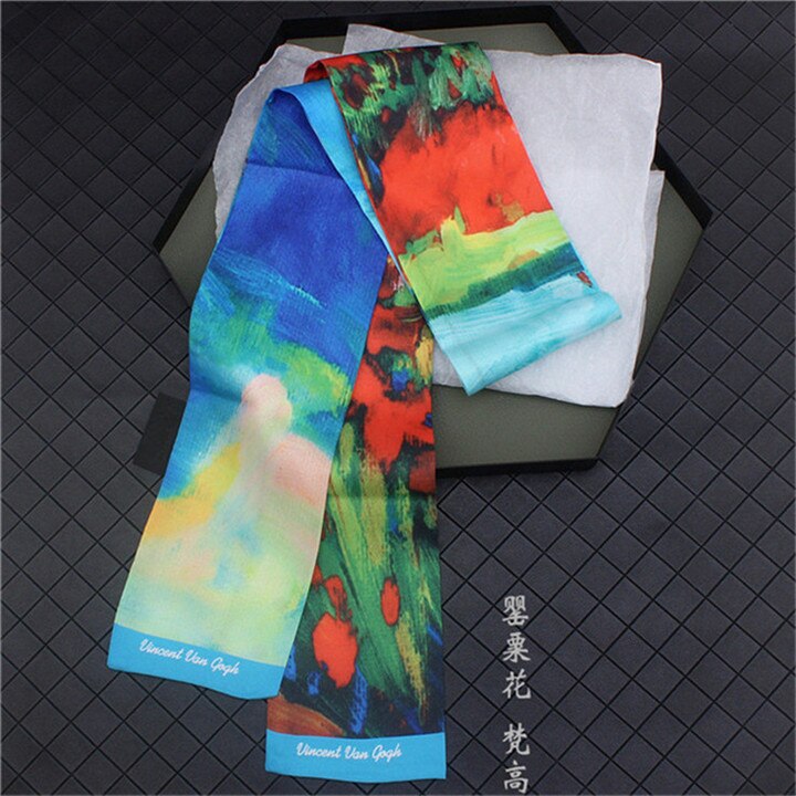 Van Gogh《Starry Night》Oil Painting Twill Silk Scarf Women Neckerchief Skinny Bag Scarf Female Headband Scarves Wraps For Ladies: 8