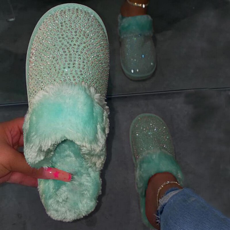 Winter Bling Bont Slippers Vrouwen Warm Meisjes Huis Slippers Slaapkamer Schoenen Kristal Indoor Zapatilla Mujer