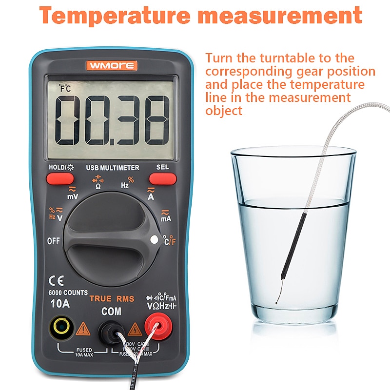 Wmore USB Charge Digital Multimeter for Tester 6000 counts Auto Ranging AC/DC voltage meter Flash light Back light Top