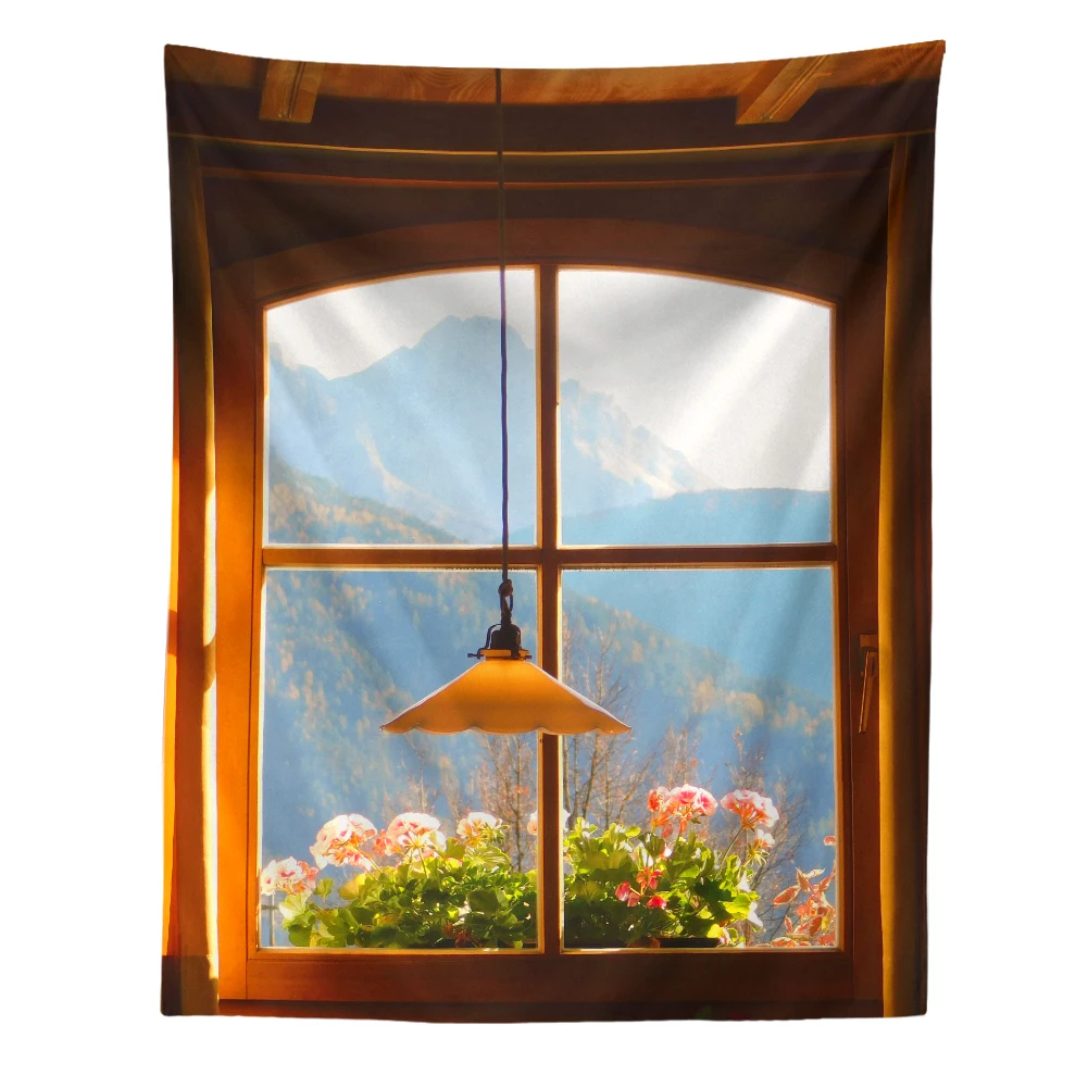 Tapiz de paisaje de ventana para colgar en la pared, decoración Vintage para habitación de niña, arte bohemio, estética, dormitorio, Sábana de colchón de Yoga: 730MM x 950MM / Verde militar