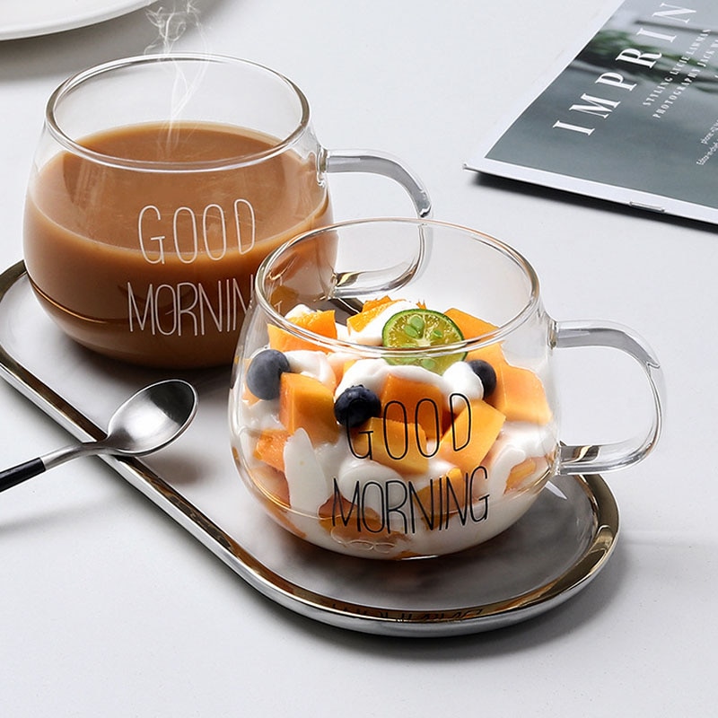 God morgen krus gjennomsiktig glass kopp varmebestandig kaffe melk juice te frokost krus håndtere par tasse