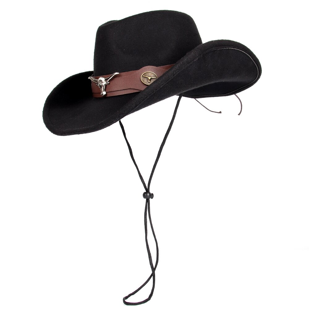 Cappello da cowboy occidentale da donna in lana da uomo con cappello da cowgirl jazz a tesa arrotolata con cintura a testa di toro cappello da sombrero fedora Chiesa: nero