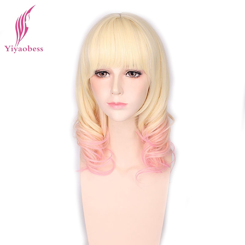 Yiyaobess 16inch Medium Lange Golvende Pruik Cosplay Kostuum Hittebestendige Synthetische Blonde Roze Ombre Pruiken Voor Vrouwen