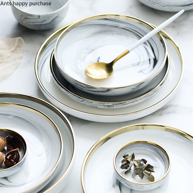 Phnom Penh Marmer Servies Keramische Plaat Thuis Plaat Servies Set Restaurant Decoratieve Servies Ronde Schalen en Borden Sets