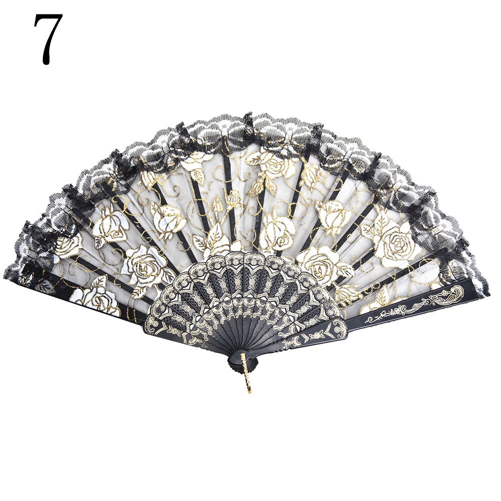 Abanicos de flores para de boda, accesorios para baile de graduación, abanico de verano de encaje de tela española de seda plegable, baile de mano en 10 colores: Black