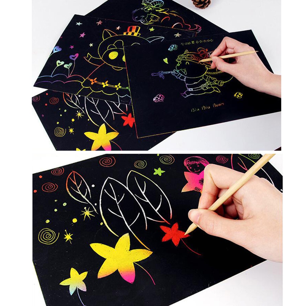 Diy Schilderij Scratch Art Papier Regenboog Kladpapier 10 Pcs Zwarte Doodle Pad Met Regenboog Achtergrond Met Houten Stylus 19x26cm
