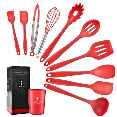Ustensiles de cuisine en silicone, pelle, cuillère, ustensiles de cuisine, ustensiles de cuisine, ensemble  of 10  of 10 ustensiles de cuisine antiadhésifs: Rouge
