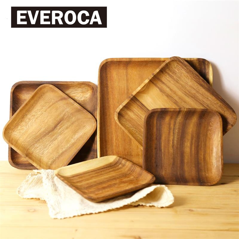Wooden Tray Dinner Plate Acacia Food Dessert Tea Plate Round Square Rectangle