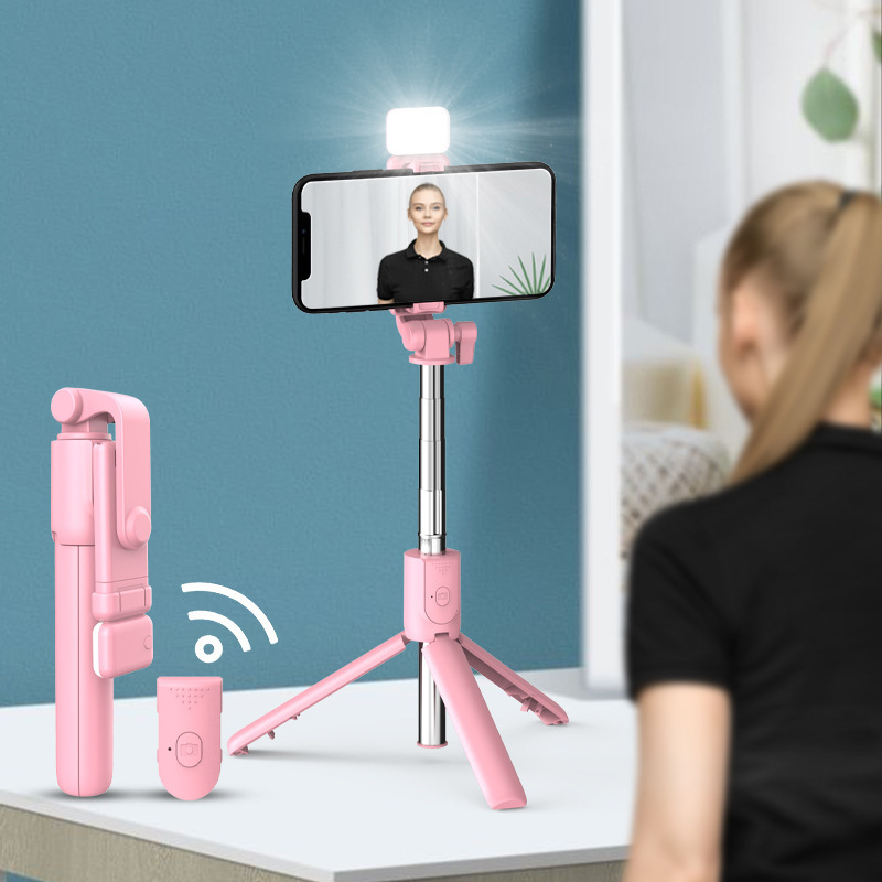 Wireless bluetooth selfie stick foldable mini tripod with fill light shutter remote control for IOS Android Smart phone: R1S-led -Pink