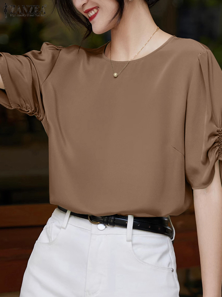 Zanzea kontorbluse sommer dame kortærmet arbejdsskjorte stilfuld ensfarvet tunika toppe afslappet o-hals blusas oversize