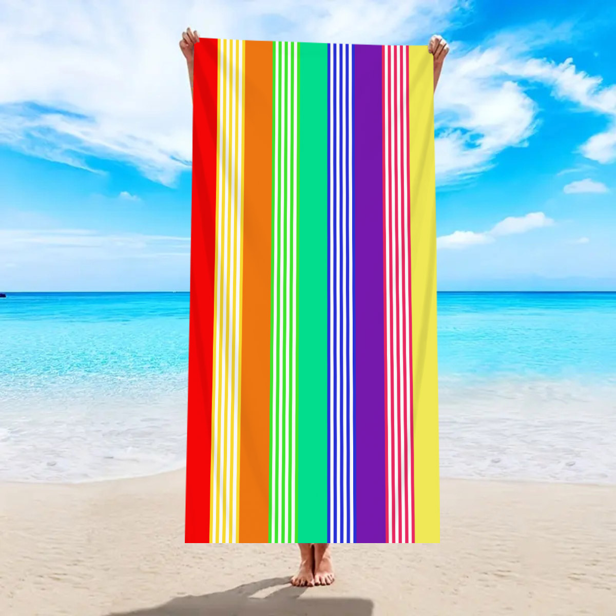 1pc modieuze kleurrijke gestreepte grote strandlaken, sneldrogende absorberende zwemstrandlaken, verkrijgbaar in meerdere kleuren: S / groen