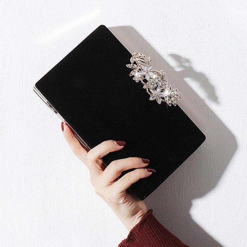 Pochette de soirée pour femmes sac de fête noir pochette sac à main exquis diamant fleur serrure sac de mariage velours sac à main sac à bandoulière ZD1281: Black