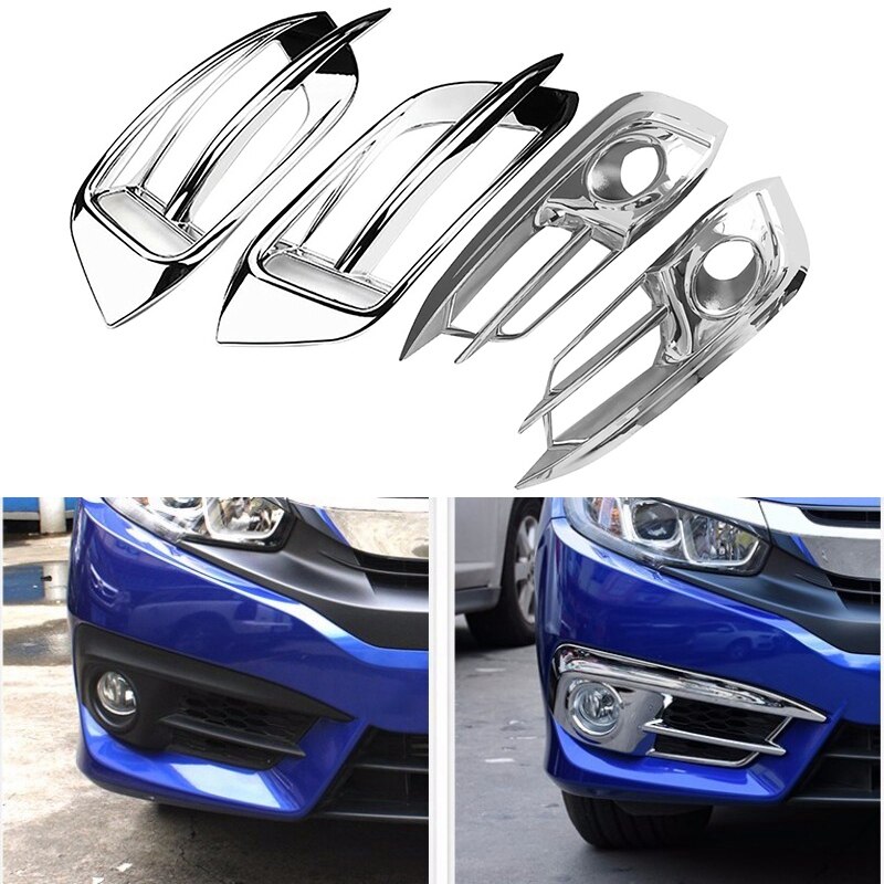 4Pcs Chrome Bumper Front&Rear Fog Light Lamp Cover Grille for Honda Civic 10Th: Default Title