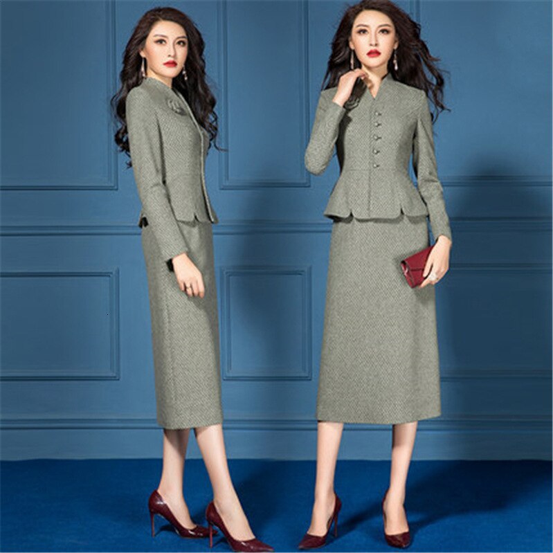 Otoño Invierno lana mujer traje ropa 2 dos piezas conjunto de manga larga Vintage chaqueta vestido Offce trabajo de dama femenina