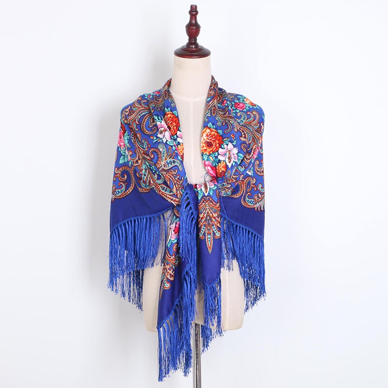 Rysk halsduk ukrainska fransade sjalar traditionella blommiga polska kvinnor hals huvud wrap vintage antik huvud hijab scarf poncho: Kungsblå