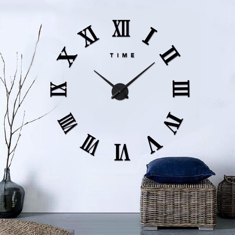 DIY Wall Stickers Acrylic Modern Roman Numerals Wall Clock 3D Mirror Surface Sticker Home Office Decor: Black