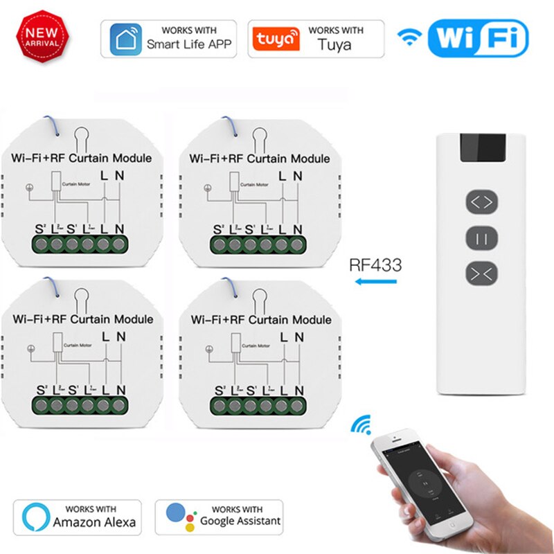 Tuya WiFi RF Roller Blind Shutter Curtain Switch Module with Remote for Electric Motor Sunscreen Works with Google Home Alexa