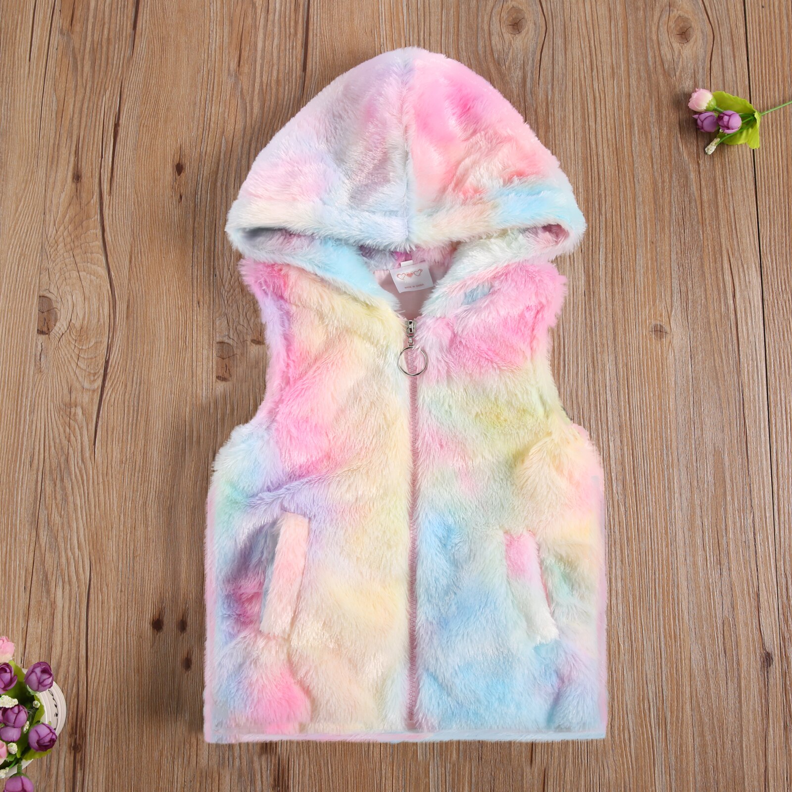 Colorful Girl's Plush Hooded Vest Sleeveless Zipper Hooded Collar with Two Pockets for Winter and Late Autumn