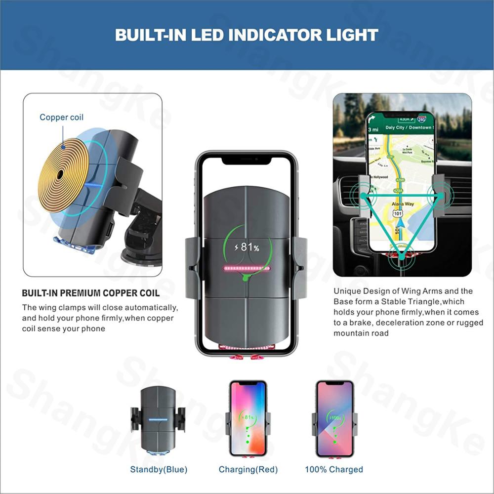 Aperto automático carregador de carro sem fio qc 3.0 qi 10 w carregamento rápido montagem do carro para o iphone 11 xs xr x samsung s10 + s9 s8 nota 9