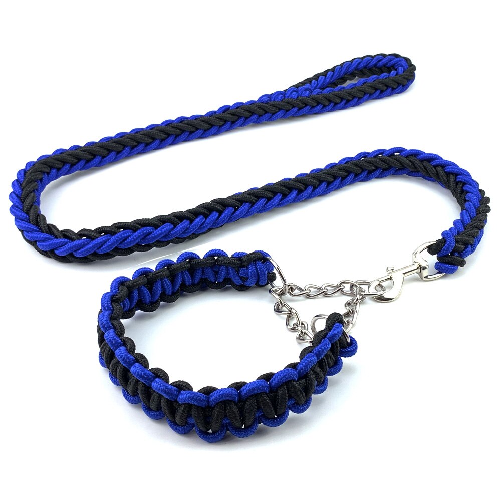 Nylon Braided Dog Collar And Leash Set Traction Rope For Small Medium Large Dog Leash Chien Pitbull Bull Terrier Pet Accessories: Blue / 43-53 cm