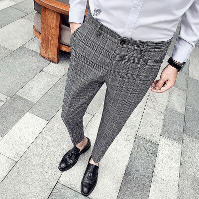Hoge lente heren geruite casual broek slanke trendy geruite kleine broek koreaanse stijl kleine voeten lange broek