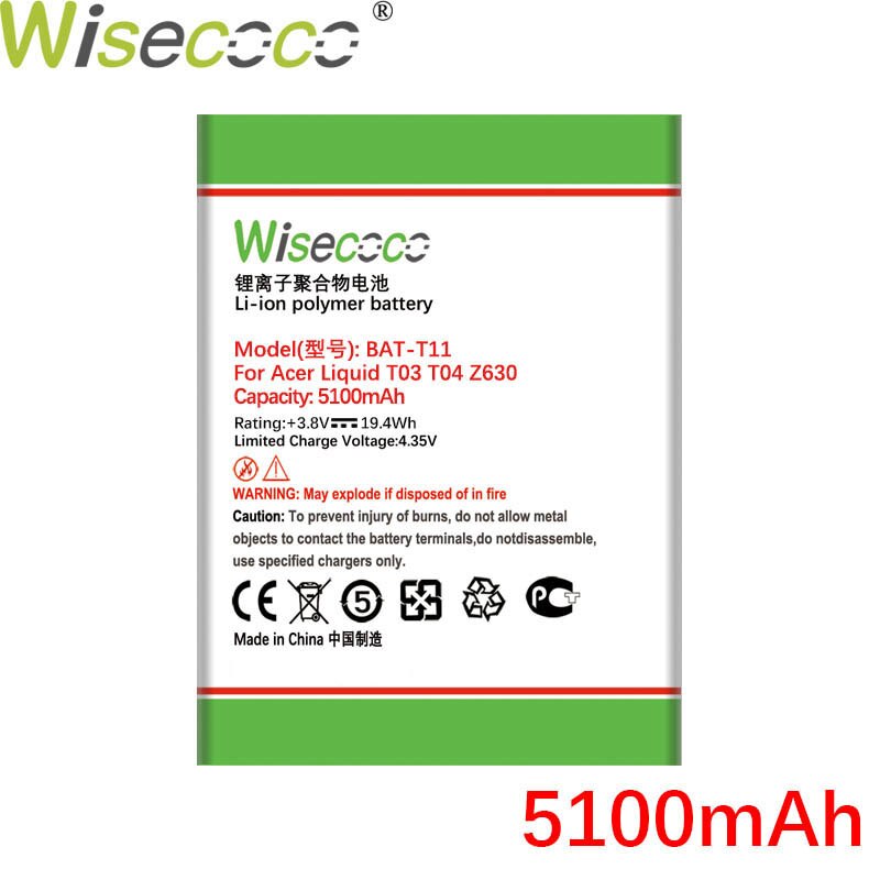 Wisecoco BAT-T11 5100Mah Batterij Voor Acer Liquid T03 T04 Z630 Z630S Mobiele Telefoon + Tracking Code
