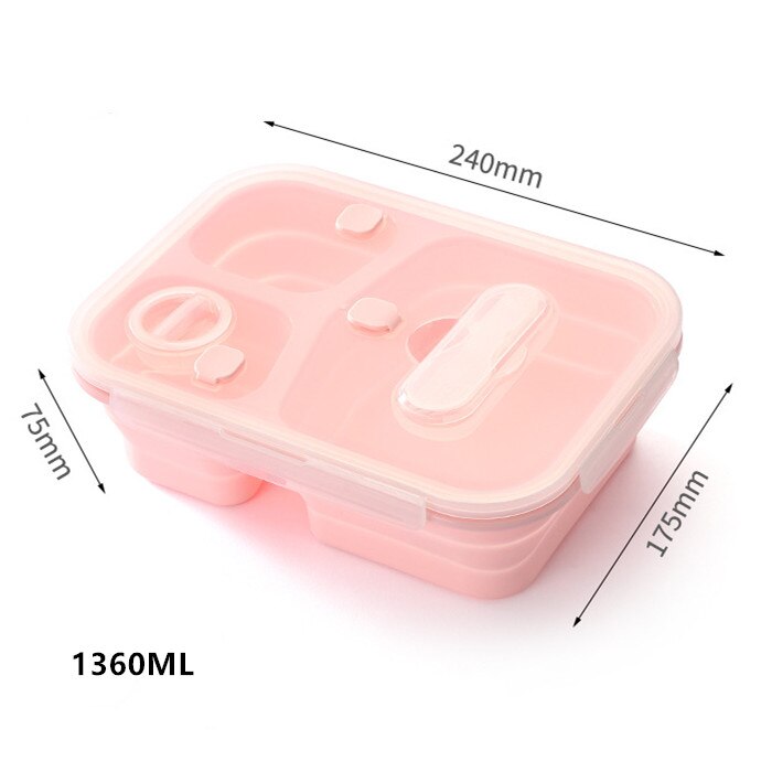 900ml/1360ml Silicone Collapsible Lunch Box Leak-Proof Large Capacity Microwave Oven Bento Box Folding Lunchbox Eco-Friendly: 3 Partition Pink