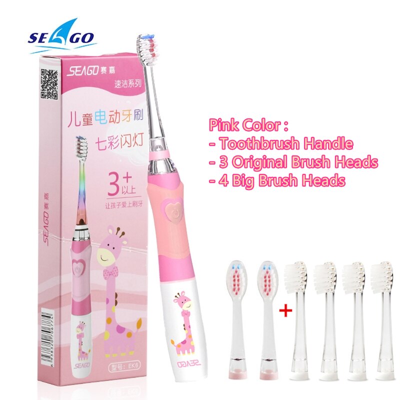 SEAGO Kinder Sonic Elektrische Zahnbürste Betriebene Wasserdichte LED Licht für 3-12 Alter Kinder Smart-Timer 3 Weichen Borsten pinsel Köpfe: Pink and 4 Big