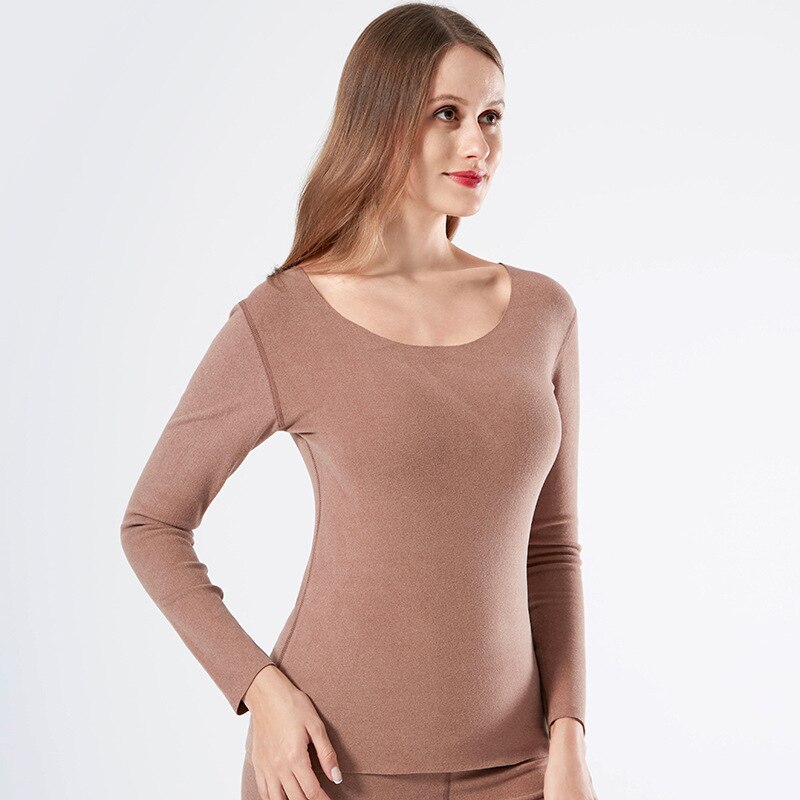 Thermal Underwear Set Women's Autumn Winter o Neck Long Sleeve Top Ladies Warm Suit Solid Casual Thermo Undershirt for Female: Brown