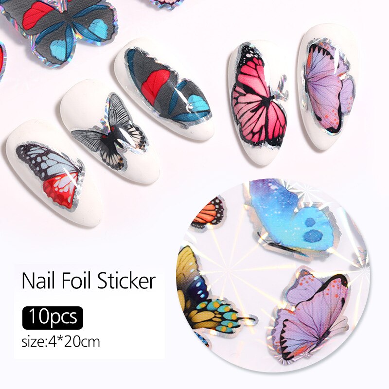 10 Stks/set Nail Stickers Kleurrijke Holographics Vlinder Transfer Stickers Nail Folies Decals Diy Nail Art Decoratie