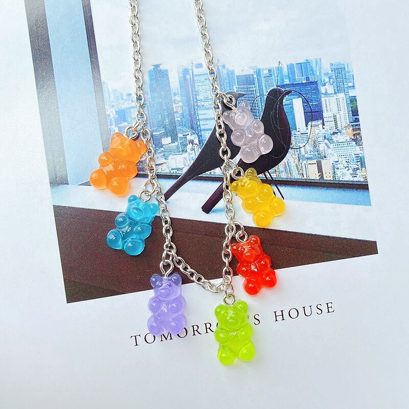 Collier en acier inoxydable fait à la main, 7 couleurs, mignon, ours de bonbons de dessin animé, pendentif de couleur bonbon, bijoux quotidiens pour femmes et filles, de fête