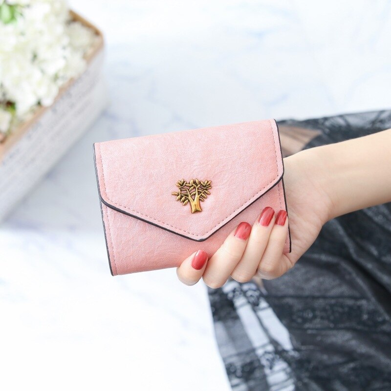 Women Wallet Retro Leather Metal Tree Wallet Student Purse Girls Mini Wallets and Purses Cute Card Holder Wallet: pink