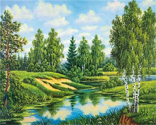 Azqsd kleuren op nummer natuur landschap acryl afbeeldingen olieverfschilderij op nummer meer schilderpakketten woondecoratie: Szyg 3005