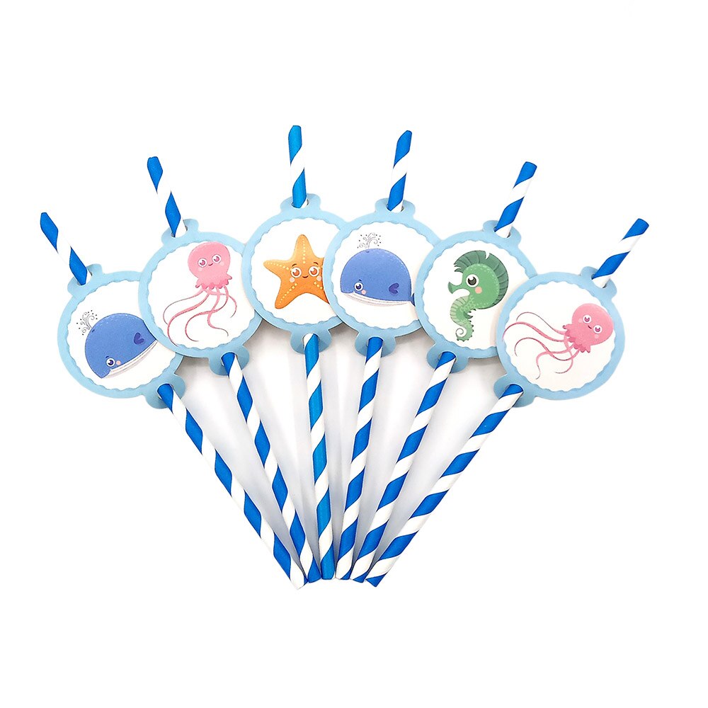 6pcs Dessert Plate Dishes With Food Film For Kids Children Sea Life Marine Animal Fish Theme Party Supplies Disposable Tableware: 12pcs Straw