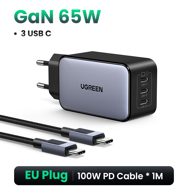 Ugreen 65W Gan Oplader Snel Opladen 4.0 3.0 Pps Pd 3.0 Snellader 3 Usb C Voor Macbook Air Laptops Tablets Iphone 16 15 14 Pro: CH
