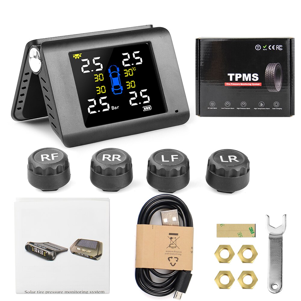 TPMS Solar Power Tyre Pressure Monitoring System with 4 Sensors LCD Real-time Display Car Tire Pressure Auto Alarm System