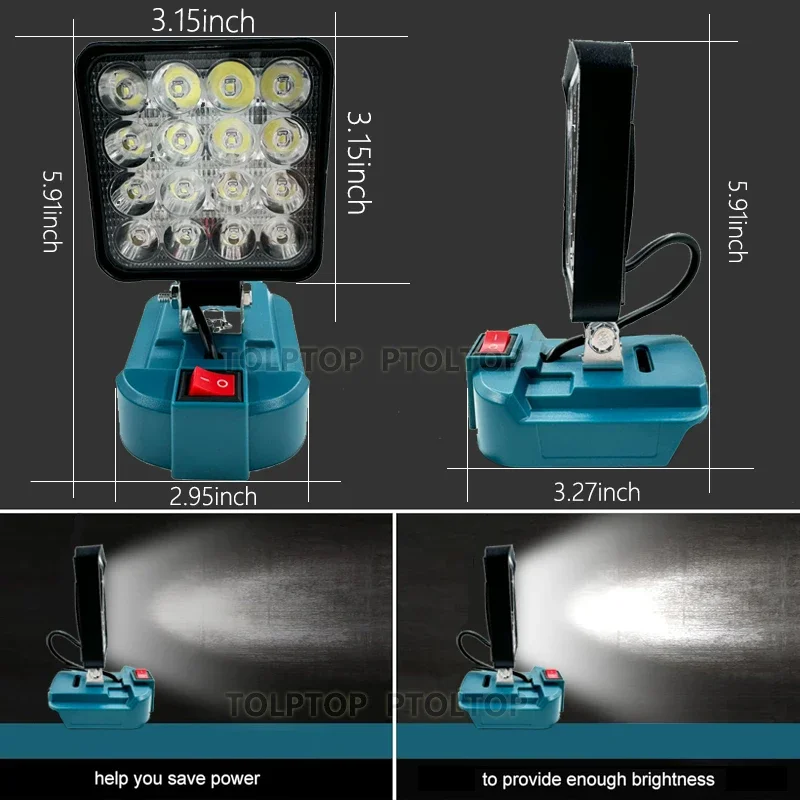 Led-arbeidslys for makita 14.4v 18v li-ion-batteri 3/4 tommer med usb utendørs lommelykt lanterne campinglampe nødlys