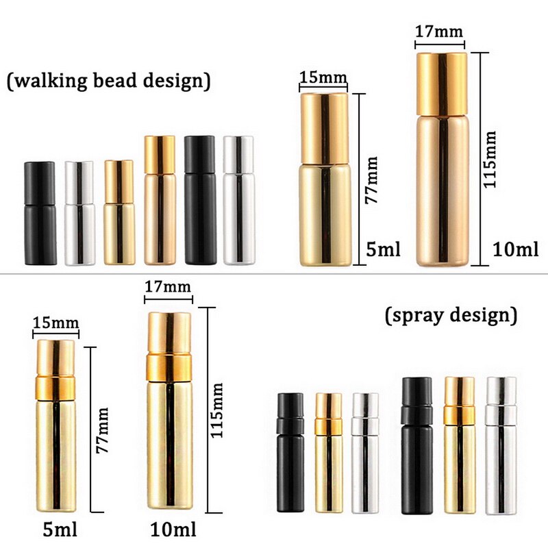 1pc bouteilles d'huile essentielle vaporisateur/rouleau sur acier inoxydable rouleau boule masseur crème pour les yeux parfum rechargeable bouteille vide 5ml 10ml