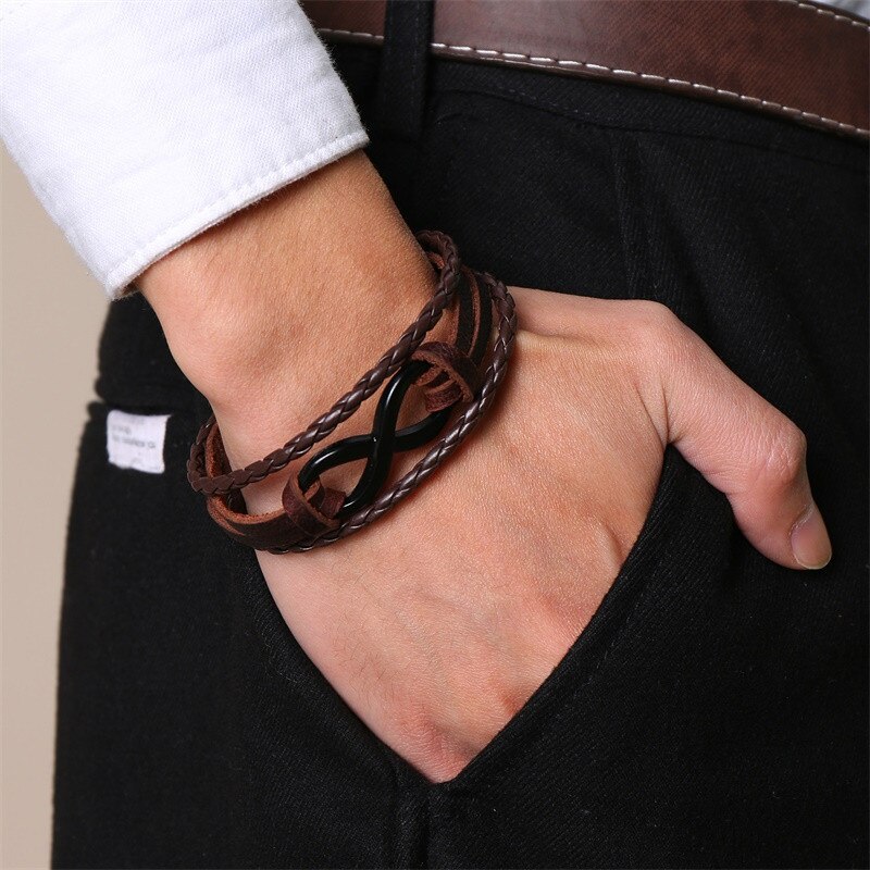 Modyle Mens Vrouwen Gevlochten Lederen Armband Liefde Infinity Charm Manchet Bangle Voor Mannen
